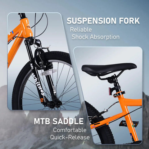 24 Inch Kids Mountain Bike With Front Suspension Fork 6 Speed Gears Built To Last Steel Frame Ergonomic Foam Saddle Off Road Ready For 9 To 15 Year Olds Bright Orange
