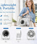 Woman carrying Chill Portable Desk Fan With 199 Speed Settings For Personal Cooling in a transparent tote bag