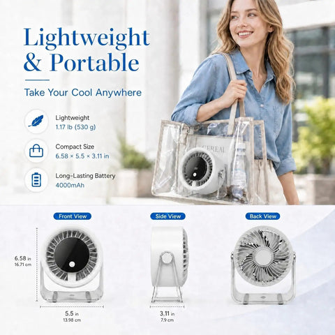 Woman carrying Chill Portable Desk Fan With 199 Speed Settings For Personal Cooling in a transparent tote bag