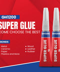 GH1200 Super Glue tubes with red packaging, showing uses for metal, ceramic, paper, plastics, wood, leather, and rubber.