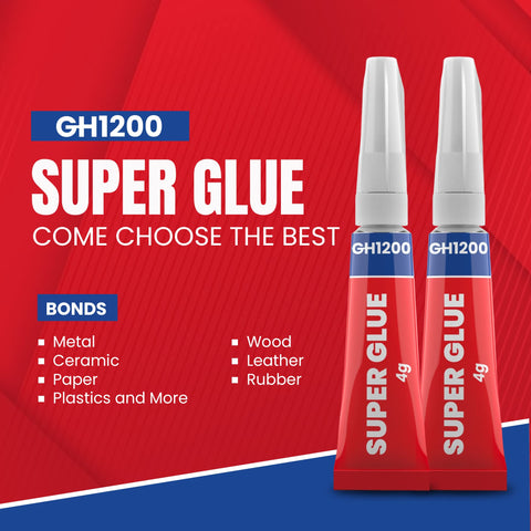 GH1200 Super Glue tubes with red packaging, showing uses for metal, ceramic, paper, plastics, wood, leather, and rubber.