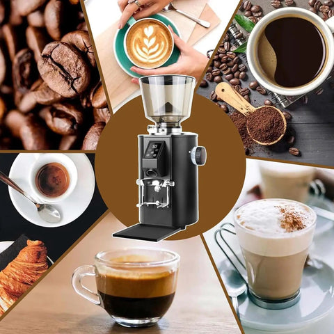 Knock Out Your Morning Coffee Game With This Commercial Grade Electric Flat Burr Grinder Rocking Nine Precision Settings For Bold Espresso Pulls And Smooth Pour Over Perfection Daily with coffee beans, drinks and croissant.