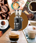 Top Tier Electric Coffee Grinder Featuring Heavy Duty Flat Burr Assembly And Nine Exact Grind Levels For Espresso Or Daily Sips Delivers Dead Quiet Operation And Zero Mess Cleanup Today with coffee beans and drinks.