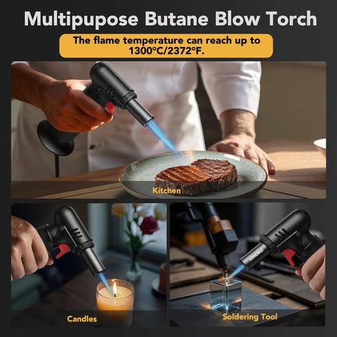 Butane Torch Lighter With Visible Fuel Window Refillable Soldering Torch With Adjustable Flame for Welding Resin Art and Industrial DIY Projects Easy One Handed Operation shown in kitchen, candle lighting, and soldering tool use.