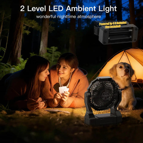Camping scene with Battery Operated Fan For Camping And Outdoor Adventures 2 In 1 D Cell Battery And USB Powered Portable Fan and tent