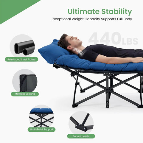 Folding Camping Cot With 3.5-Inch Cushion, Built Tough Rollaway Bed, supports 440 lb, features steel frame and secure joints