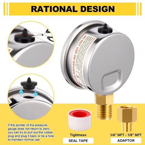 Side view of two pack 2 inch dial pool filter pressure gauge kit with liquid filled gauge, stainless steel case and brass adaptors.