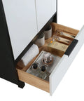 Heavy Duty 24 Inch Bathroom Vanity With Sink, Matte White Modern Cabinet open drawer with towels and cosmetics.