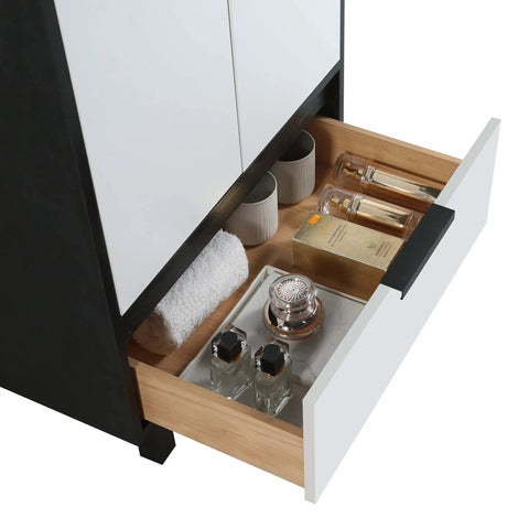 Heavy Duty 24 Inch Bathroom Vanity With Sink, Matte White Modern Cabinet open drawer with towels and cosmetics.