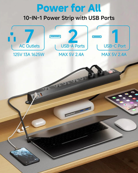 Weatherproof Outdoor Power Strip With IPX6 Rating 1625W 13A 6 Ft Extension Cord 7 AC Outlets And 3 USB Ports Wall Mount on desk