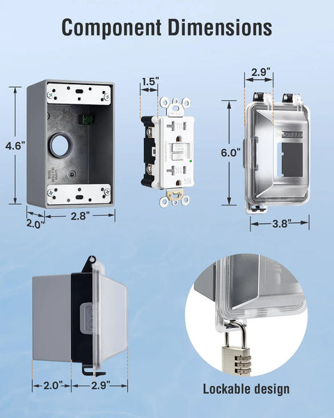 All In One Outdoor GFCI Kit With In Use Cover And Junction Box No Fuss 1 Gang Non Metal Weatherproof Outlet Box 20 Amp TR WR UL Listed GFCI Receptacle Extra Duty Lockable Cover Black 1 Pack dimensions