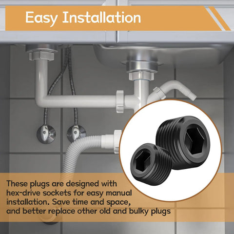Rugged 29 Piece Pipe Plug Fitting Set Black Carbon Steel For 1/8 1/4 3/8 1/2 3/4 NPT installed under sink