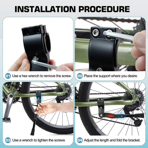 Installation steps for Universal Bike Stand With Kickstand For Adult And Kids Bikes Built To Last Easy Repair Adjustable Rear Side Aluminum Alloy Stand That Fits Mountain Road City And Commuter Bikes Stable And Garage Ready For Action.
