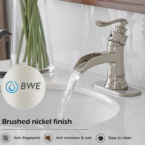 Brushed Nickel Bathroom Sink Faucet 1 Hole Single Handle Waterfall Style Brass Construction Lead Free Vanity Faucet