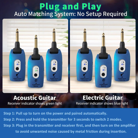 Acoustic and electric guitar 2.4GHz wireless system with rechargeable transmitter and receiver, plug shows green and blue light