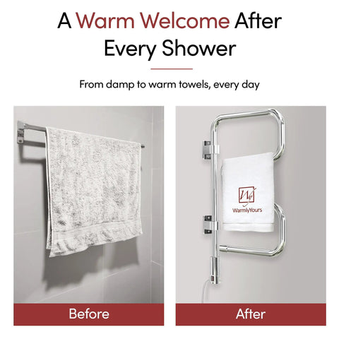 Comparison of wet towel on rack and dry towel on 4 Bar Polished Chrome Wall Mounted Towel Warmer With Swivel Bars Plug In Electric Towel Rack For Bathroom Space Saving Keeps Towels Toasty Warm And Dry After Showers