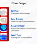 Efficient design features of Portable Mini Single Tub Washer For Small Clothes Under 1.2Kg, including spin cap and wash timer.
