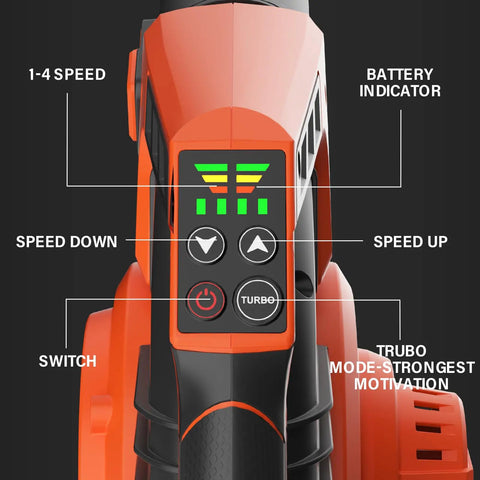 Cordless Leaf Blower Vacuum Mulcher 3 In 1 control panel with speed settings and battery indicator visible