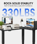 Rock Solid L Shaped Electric Standing Desk Triple Motor Height Adjustable Corner Workstation Sixty Three Inch Heavy Duty Sit Stand Home Office Desktop Smooth Operator For Multi Monitor Displays Black with dual monitors and books.