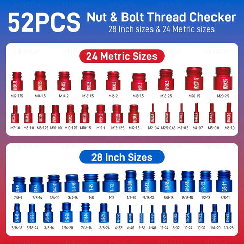 Nut And Bolt Thread Checker Kit With 28 Standard And 24 Metric Sizes In A Handy Box Set displayed with metric and inch sizes visible.