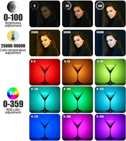 Pocket RGB Video Light With Built In 3100mAh Battery 360 Full Color Options And 20 Effects Bi Color To RGB LED Panel features