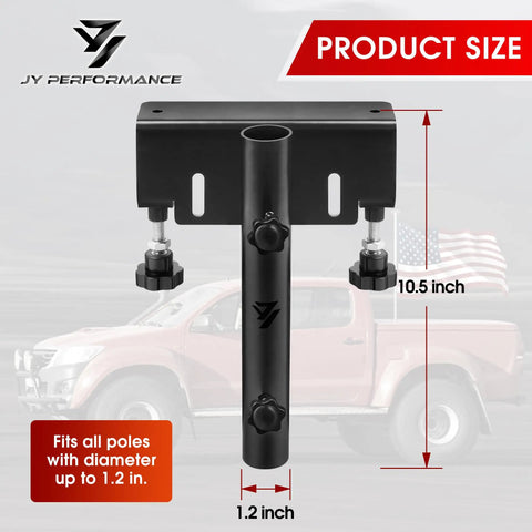 Badass Universal Truck Flag Pole Mount Holder For Pickup Rig Rust Proof Steel Clamps Fits One Point Two Inch Masts, showing dimensions 10.5 inch by 1.2 inch.