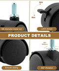 Four Pack 1.5 Inch Swivel Caster Wheels With Locking Brakes And 6.25 Millimeter Straight Stem, showing smooth sliding and 360° rotation details.