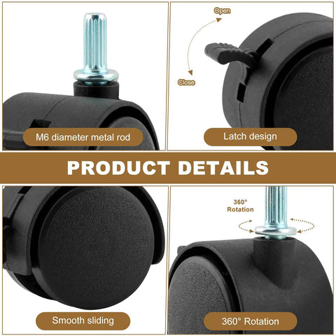 Four Pack 1.5 Inch Swivel Caster Wheels With Locking Brakes And 6.25 Millimeter Straight Stem, showing smooth sliding and 360° rotation details.