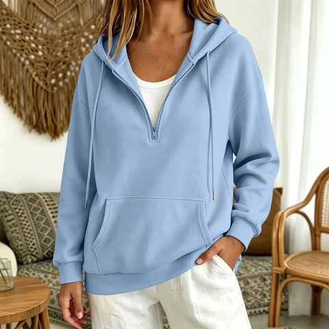 Model wearing Womens Oversized Zip Up Hoodie Fleece Pullover Sky Blue With Quarter Zip And Stand Up Collar for cozy casual look