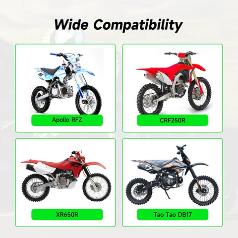Four dirt bike models including Apollo RFZ, CRF250R, XR650R, and Tao Tao DB17 showcasing compatibility.