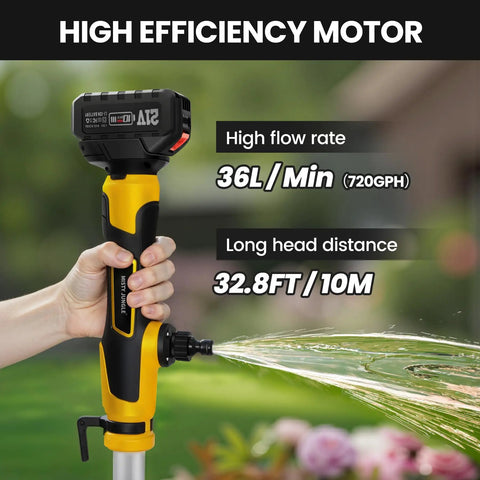 User holding Rock Solid Cordless Stick Water Transfer Pump Plug Right Into Your Makita 21V Battery for efficient water flow.