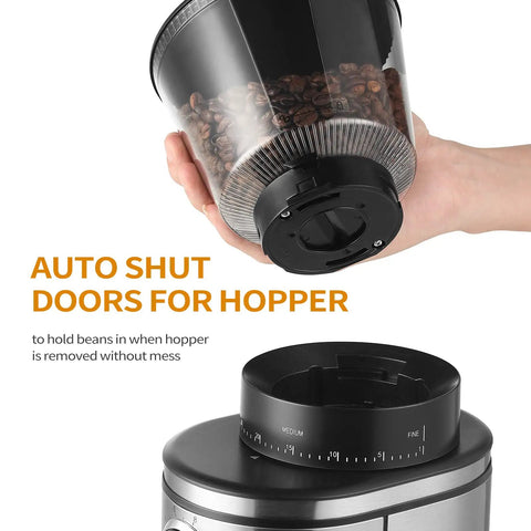 Straight Up Smooth Electric Conical Burr Coffee Grinder Sporting 30 Precision Adjustments hopper auto shut doors feature.