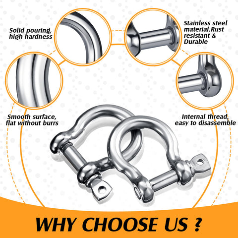 Stainless Steel 304 Bow Shackle Set, 4 Pieces, 5 32 Inch Screw Pin D Ring Shackles, durable and corrosion resistant, camping use