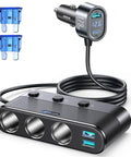 7 In 1 Cigarette Lighter Car Charger With 179W Total Power, 4 USB Ports And 3 Lighter Sockets, Independent Switches And LED Voltage Display