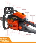 Gas Chainsaw With 60Cc 2 Cycle Engine 4 HP 8500 RPM 20 Inch Bar featuring detailed parts overview