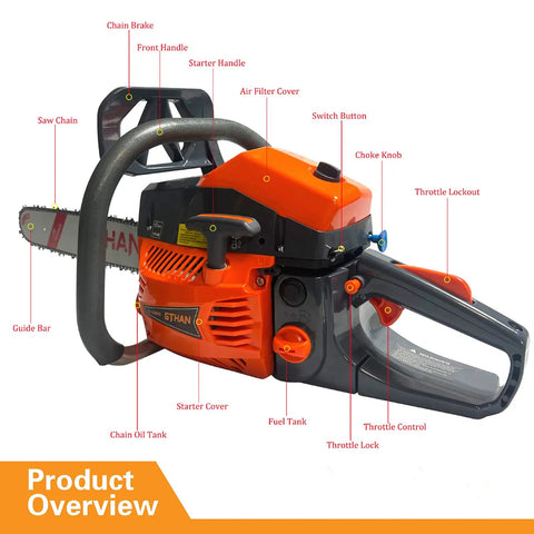 Gas Chainsaw With 60Cc 2 Cycle Engine 4 HP 8500 RPM 20 Inch Bar featuring detailed parts overview