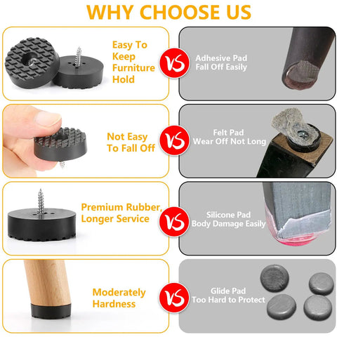 Comparison chart highlighting advantages of Heavy Duty Screw On Furniture Rubber Feet 32 Pack over other pads