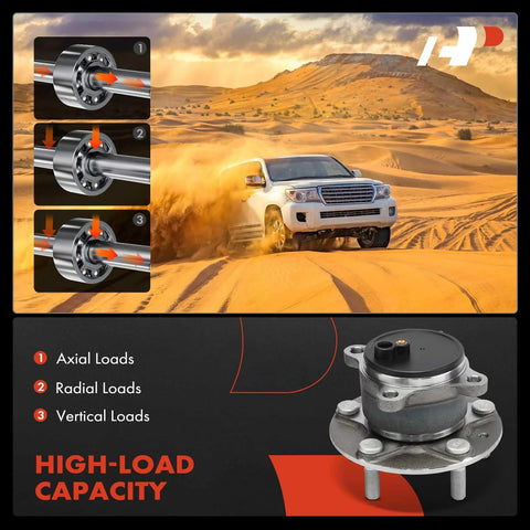 Two Pack Rear Wheel Bearing And Hub Assembly For Mazda 3 2019 To 2023 And CX 3 2020 To 2021 5 Lug Compatible With Front Wheel Drive Only Durable Premium Quality Plug And Play Ready To Install showing high-load capacity and axial, radial, vertical loads illustration.