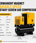 Workhorse Pro Grade Variable Frequency Drive Rotary Screw Air Compressor System With 39 CFM At 125 PSI, 80 Gallon ASME Tank, Refrigerated Dryer, 10HP 7.5KW, Single Or Three Phase 208-230V Industrial Base; yellow compressor on tank