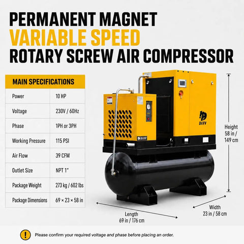 Workhorse Pro Grade Variable Frequency Drive Rotary Screw Air Compressor System With 39 CFM At 125 PSI, 80 Gallon ASME Tank, Refrigerated Dryer, 10HP 7.5KW, Single Or Three Phase 208-230V Industrial Base; yellow compressor on tank