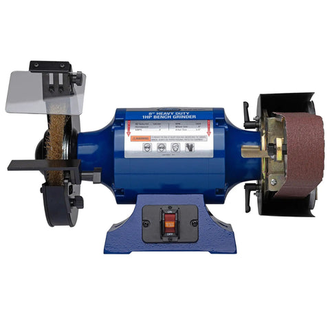 No Sweat Heavy Duty 2X36 Belt Grinder Attachment With One Horsepower Motor Bench Grinding Kit showing 8 inch wheel and 7 inch disc.