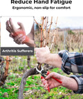 Person using 8.5 Inch SK5 Bypass Pruning Shears For Gardening With 4X Sharper Cut Pro Grade Beast Pruners. Ergonomic handle shown.