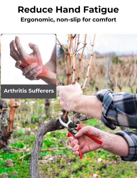 Person using 8.5 Inch SK5 Bypass Pruning Shears For Gardening With 4X Sharper Cut Pro Grade Beast Pruners. Ergonomic handle shown.