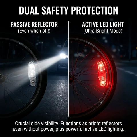 Rechargeable 9 Color LED Bicycle Spoke Lights With 21 Modes And Motion Sensor Auto On Off Waterproof Night Riding Gear For Kids And Grownups Dual Pack Bundle showing passive reflector and active LED light modes on a bike wheel at night.