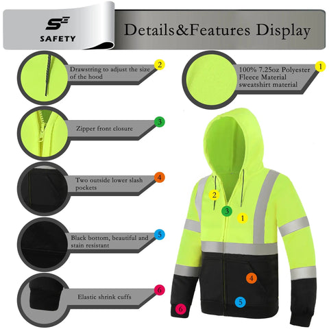High Visibility Class 3 Zip Up Hoodie Sweatshirt For Men With Reflective Stripes Padded Lining Stain Resistant Fabric display