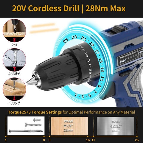 Close-up of 20V Cordless Hammer Drill Kit with focus on three eighths inch keyless chuck and torque settings, ideal for DIY projects.