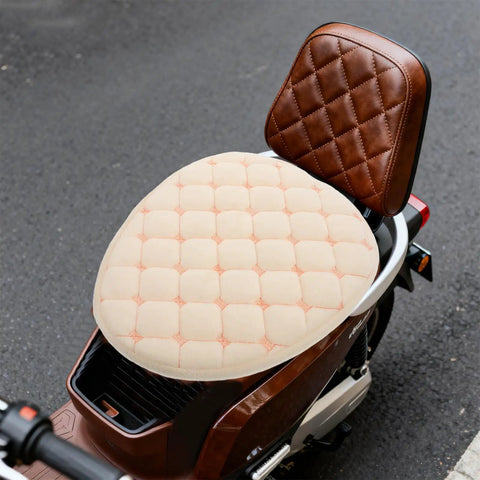 Hella Cozy Beige Plush Motorcycle Seat Cover With Super Warm Winter Fluffy Padding For Riders Seeking A Smooth Ride And Dope Dirt Bike Accessories That Look Clean And Feel Amazing All Day Long on a brown scooter.