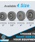 Heavy Duty 5 Inch Tpr Caster Wheels 100 Pack Quiet Non Marking Replacement Casters For Cart Dolly Workbench showcasing sizes 3, 3.5, 4, and 5 inches.