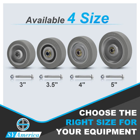 Heavy Duty 5 Inch Tpr Caster Wheels 100 Pack Quiet Non Marking Replacement Casters For Cart Dolly Workbench showcasing sizes 3, 3.5, 4, and 5 inches.
