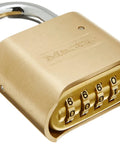 Resettable Four Digit Combination Padlock With Solid Brass Case And Hardened Steel Shackle For Tough Weather Resistant Beefed Up Security In Everyday Use Ideal For Home Office School Lockers Gates Sheds And Outdoor Gear, showing brass padlock with visible dials.